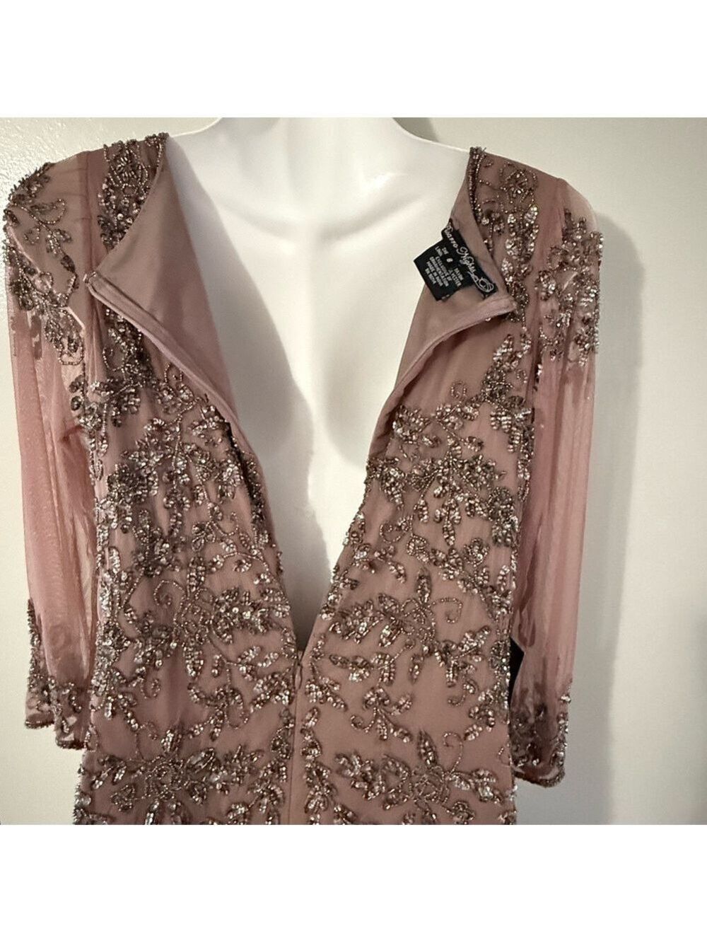 Pisarro Nights Beaded V-Neck Maxi Dress Size 8 | Rose Taupe Formal Gown - Picture 11 of 14